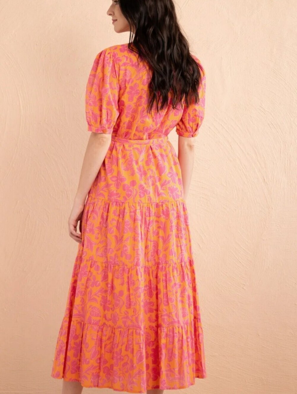 Banjanan Saylor Pink Orange Floral Tiered Midi Dress Sz XS Modern Feminine Prepy